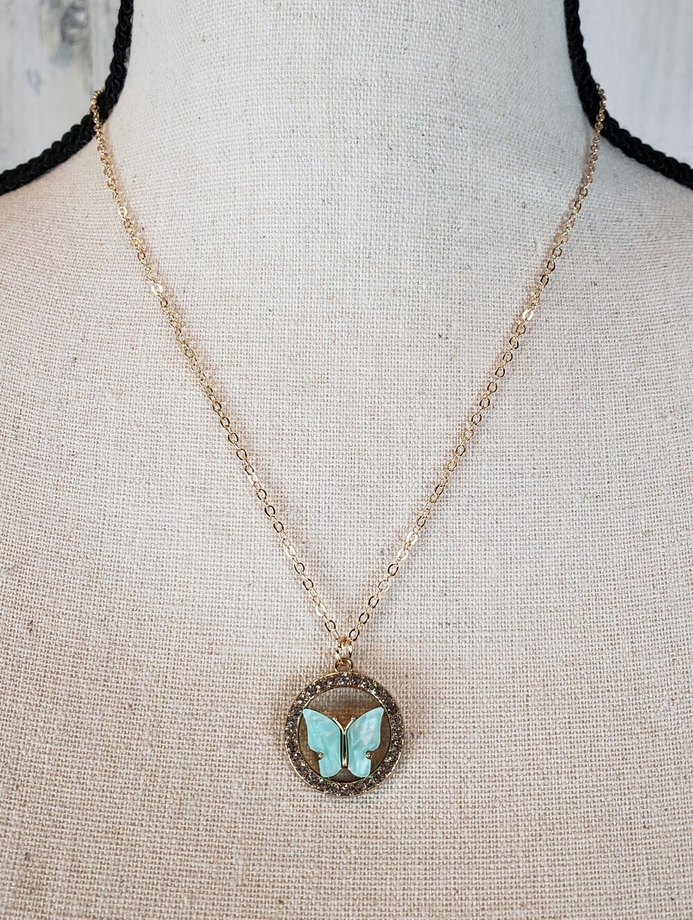 Gold Pendant Necklace with Mint Blue Butterfly Accent - Women Jewelry